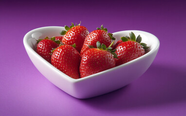 Heart-shaped bowl of strawberries on a purple background