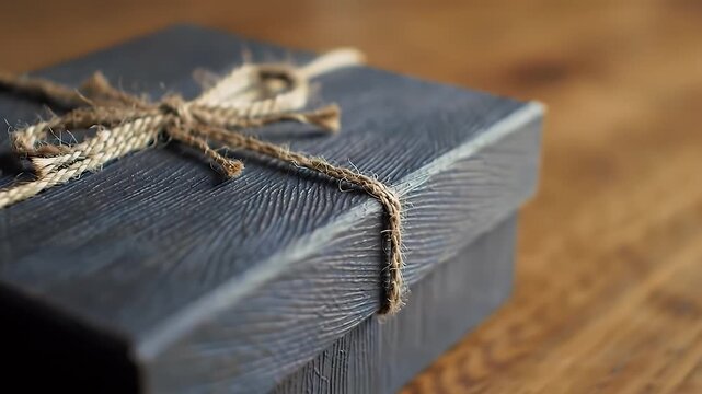 Dark Elegant Textured Gift Box Adorned with Rustic Twine on a Wooden Surface A Close Up Still Life Perfect for Gifting Occasions Featuring Dark Wood Grain Texture with Focus on Craft Details and