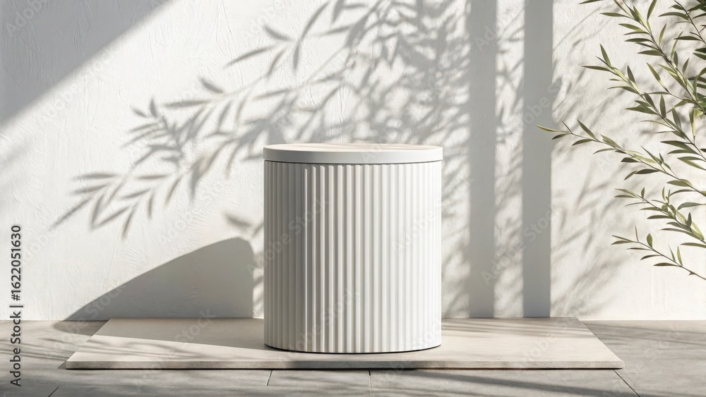 Poster white fluted cylinder on a platform with leaf shadows on the wall in a minimalist setting
