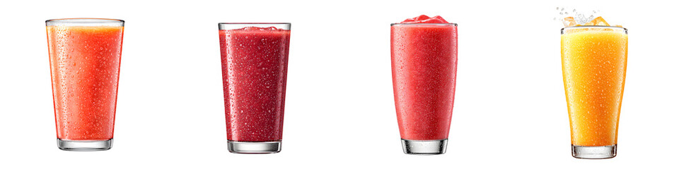 Variety of Colorful Fruit Smoothies in Glasses on White Background