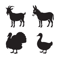 Silhouette Illustration of Farm Animals Goat Donkey Turkey and Duck on White Background for Graphic Design and Farm Themed Content