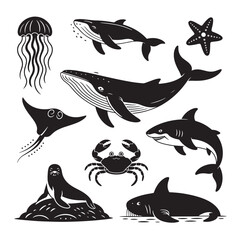 Monochrome Silhouette Collection of Ocean Animals including Whales Sharks Jellyfish Starfish Crabs and Seal