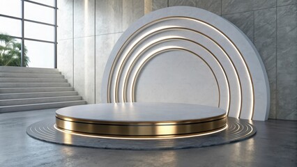 Obraz premium A modern platform with a circular backdrop and stairs in a well lit interior space design studio