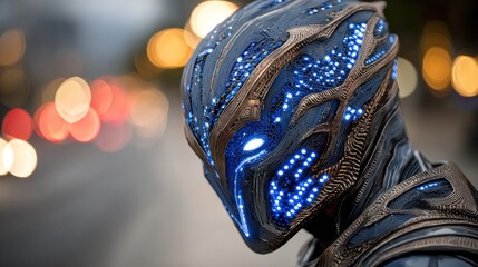 Futuristic helmet, intricate design, glowing blue lights