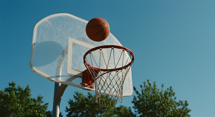 Cinematic Shot of Basketball Mid-Air Aligning with Hoop Against Clear Blue Sky in Dramatic Sports Moment