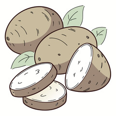 Illustration of whole and sliced potatoes with green leaves