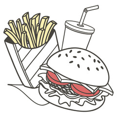 Classic burger fries and drink combo illustration