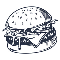 Stylized burger illustration with dripping cheese and sesame seed bun