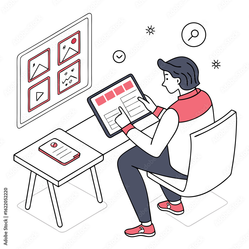 Poster designer working on a digital project with a tablet and mood board