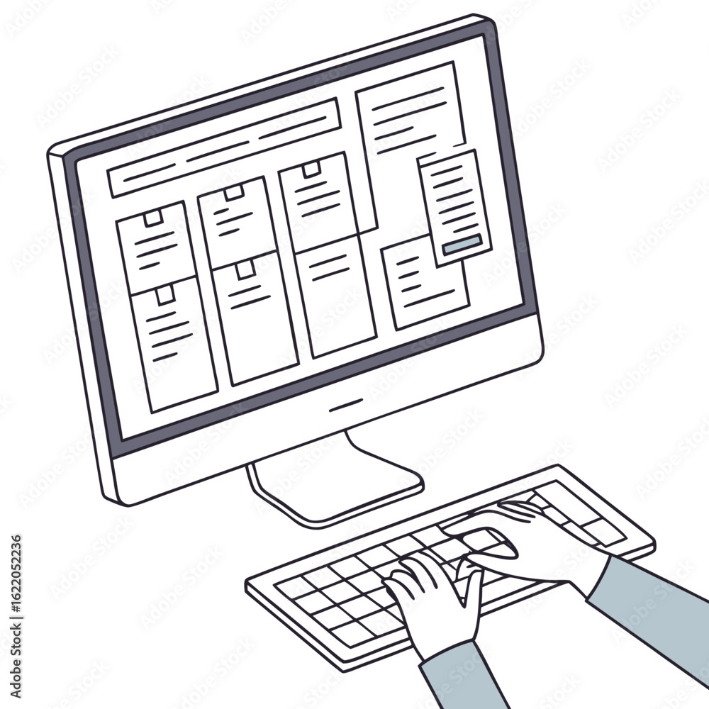 Aufkleber person typing on a computer with a wireframe website design