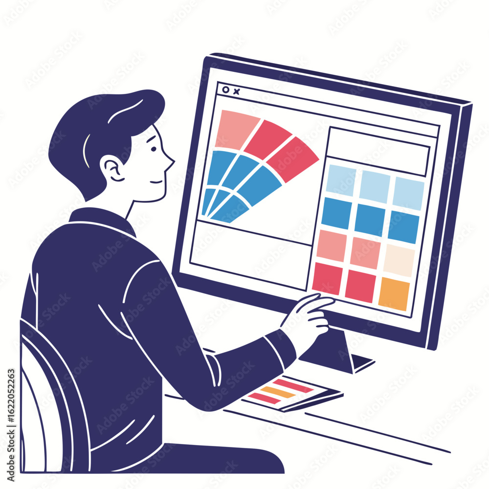 Poster graphic designer working on color palettes on computer screen