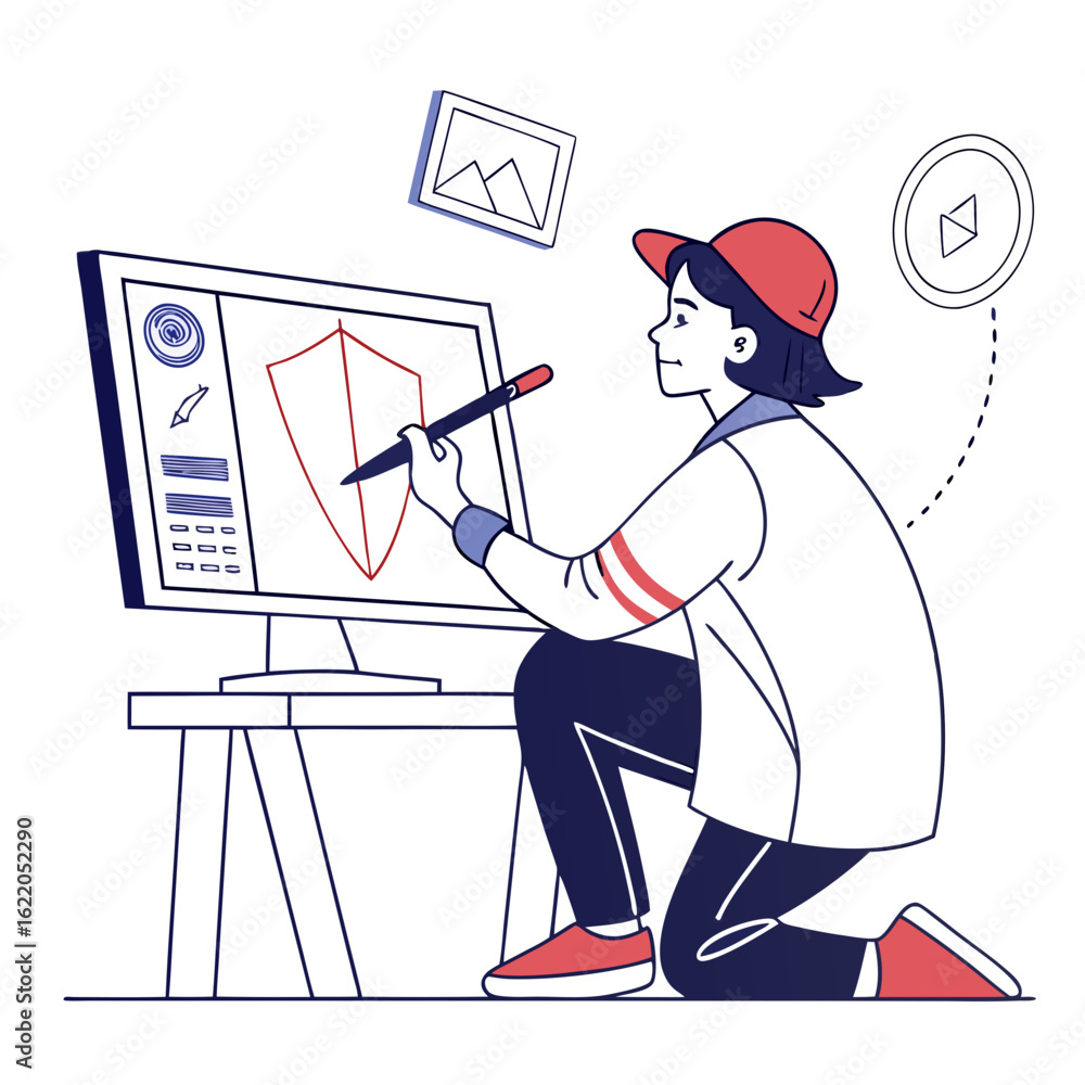 Aufkleber graphic designer creating a shield logo on a computer