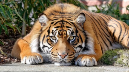 Obraz premium A tiger resting on the ground in a natural habitat with lush greenery in the background