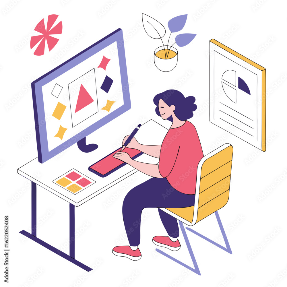 Poster graphic designer working on a computer with a stylus