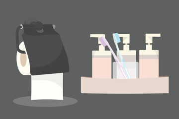 Toothbrush holder with liquid soap dispenser and toilet paper in hang holder.