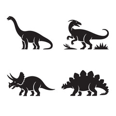 Four different dinosaur species silhouettes including Brachiosaurus Parasaurolophus Triceratops and Stegosaurus set on a white background