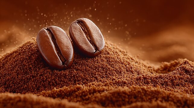 Two Coffee Beans Nestled in Freshly Ground Coffee with Dark Brown Background.