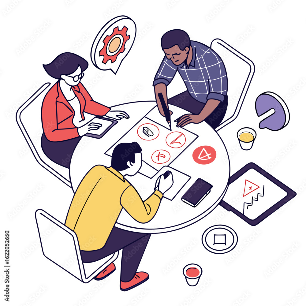 Aufkleber diverse team collaborating around a table with ideas and technology