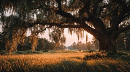Fototapeta premium Golden hour bathed field under a large tree