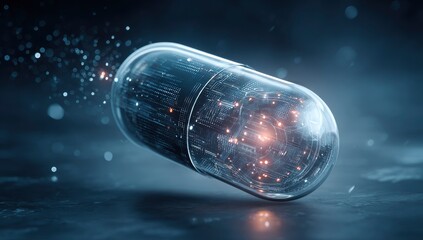 Illuminated clear capsule containing internal glowing circuitry, resting on a dark surface