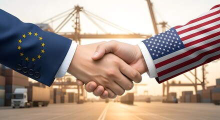 International Trade Handshake with USA and Eu Flags at Shipping Port