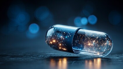 A translucent capsule pill with glowing networks inside, on a blurred dark blue backdrop