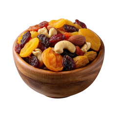 Wooden bowl filled with mixed dried fruit and nuts isolated on transparent background
