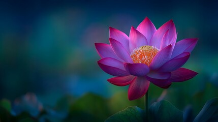 Obraz premium Vibrant Pink Lotus Flower Blooming in Tranquil Pond with Teal Bokeh Background.