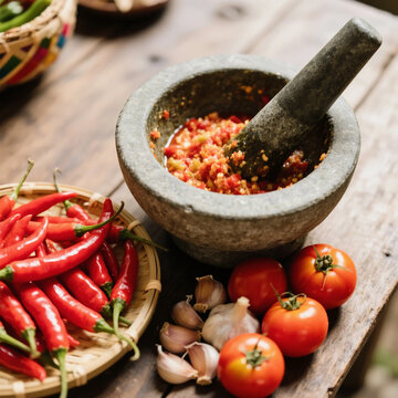 Still Life of Sambal Paste and Fresh Ingredients on a Wooden Table