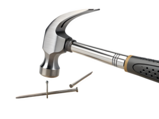 Hammer striking a nail on a black background