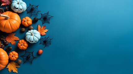 Halloween background with pumpkins bats and leaves for fall holiday season decorations and copy space area
