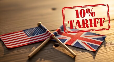 10% Tariff Label on UK Trade Products with Small Flags and Tags