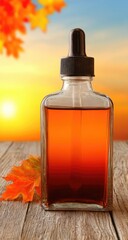 Amber liquid in glass dropper bottle, autumnal background