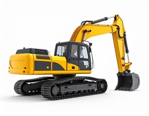 Obraz premium Yellow Excavator Machine Isolated on White Background – Side Angle