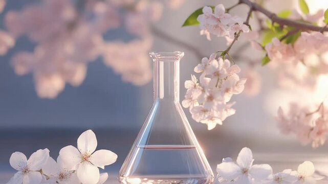 Erlenmeyer flask containing transparent liquid with cherry blossoms in soft light