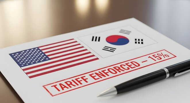 Tariff Enforcement Document – U.S. and South Korea Flags with 15% Stamp