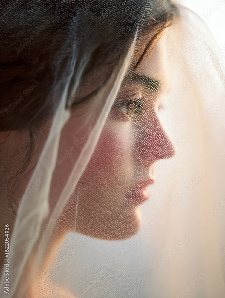 Poster soft veil draping a feminine profile with gentle light illuminating delicate features during golden 