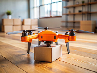 Orange Delivery Drone Carrying a Package in a Modern Home Environment