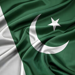 A close-up of the Pakistan flag waving gracefully, showing rich green fabric with a crisp white crescent and star, gently fluttering in the wind under soft daylight.