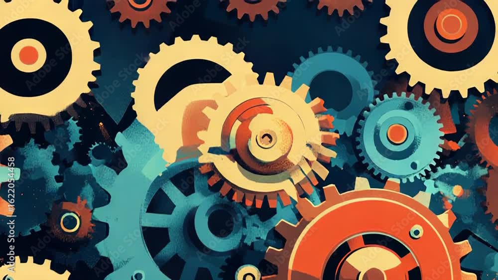 Poster interlocking gears rotating in complex mechanism on dark background