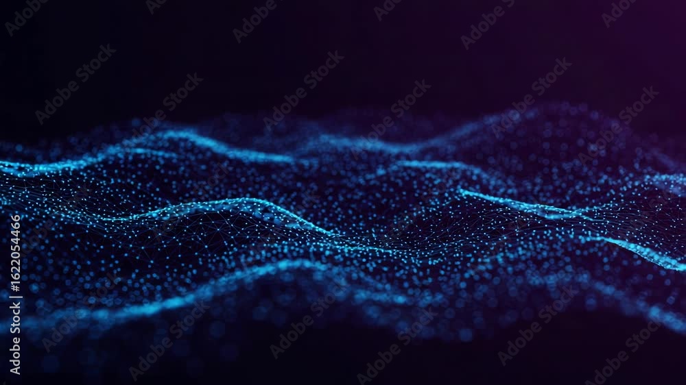 Poster an abstract visualization of a glowing blue digital wave formed by interconnected particles and line