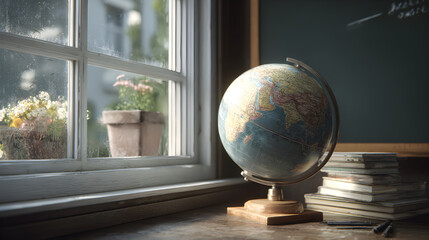 Exploring Education Through Time: A Vintage Classroom Setup Featuring a Globe, Chalkboard, and Library Books on Display in a Glass Window for Enhanced Learning Experience