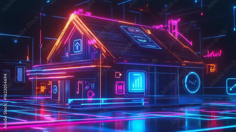 Poster neon smart home monitoring system showing energy consumption data