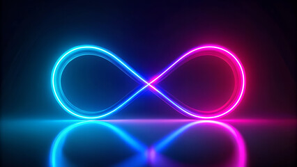 A glowing neon infinity symbol reflects on a dark surface