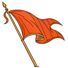 A red flag waves on a pole, isolated on white background