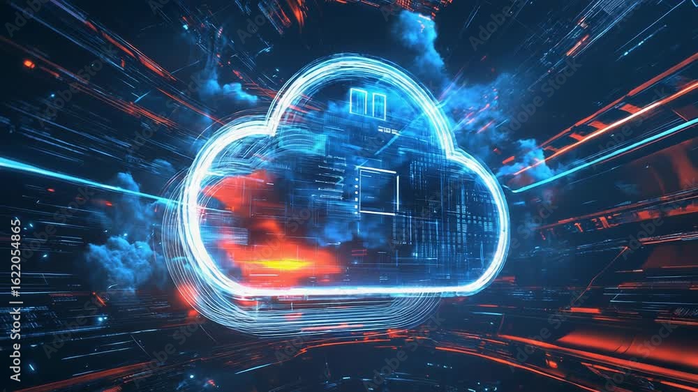 Poster cloud computing symbol emerging from futuristic technological lines of code