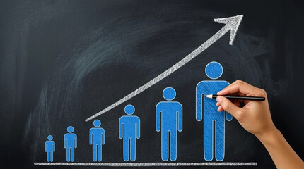 Hand drawing a rising arrow graph over a line of increasing human figures on a dark background symbolizing growth
