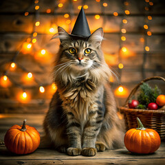 A tabby cat wears a witch hat next to pumpkins and a basket of apples