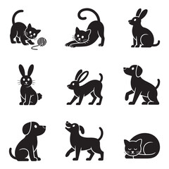 Collection of Black Animal Silhouettes including Cats Dogs and Rabbits Set Against a White Background