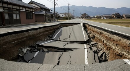 Damaged road after a natural disaster, showing significant structural collapse.